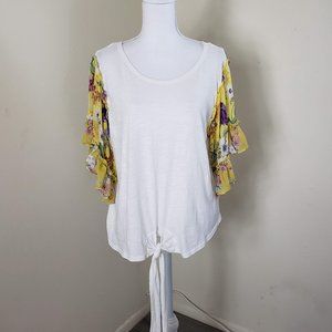 Umgee Knit Ruffle Sleeve Front Tie Top White Large